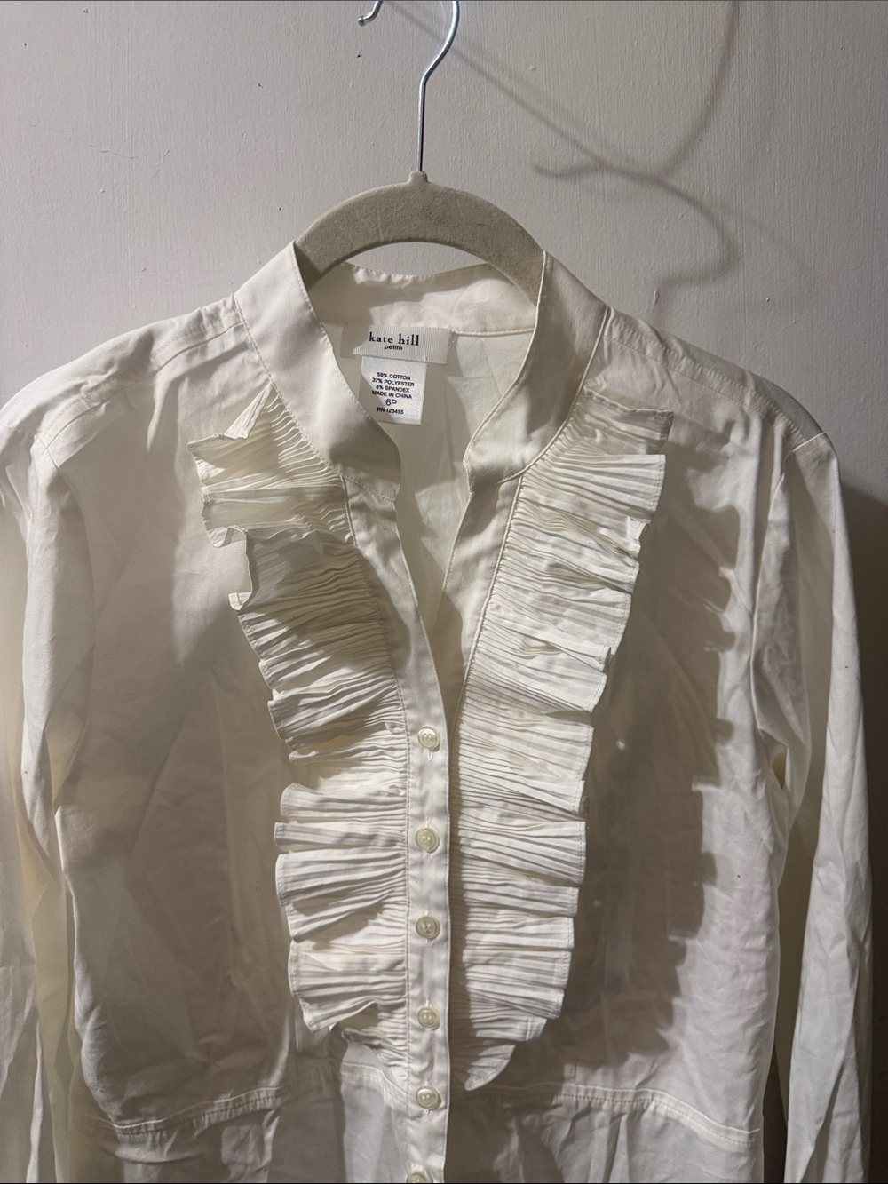 Kate Hill Cream Ruffled Front Button Blouse